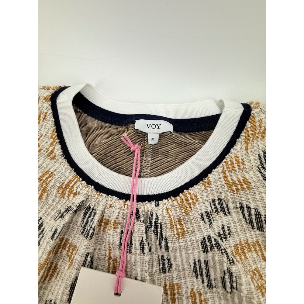 VOY Women Animal Print Puff Sleeve Top Ruffle Trim Crew Neck Tan Black M NWT - Picture 5 of 7